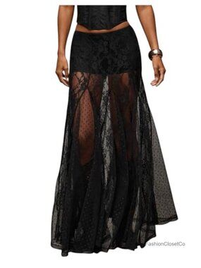 Women's Sheer Lace Maxi Skirt See Through A-Line Low Waist Elastic
